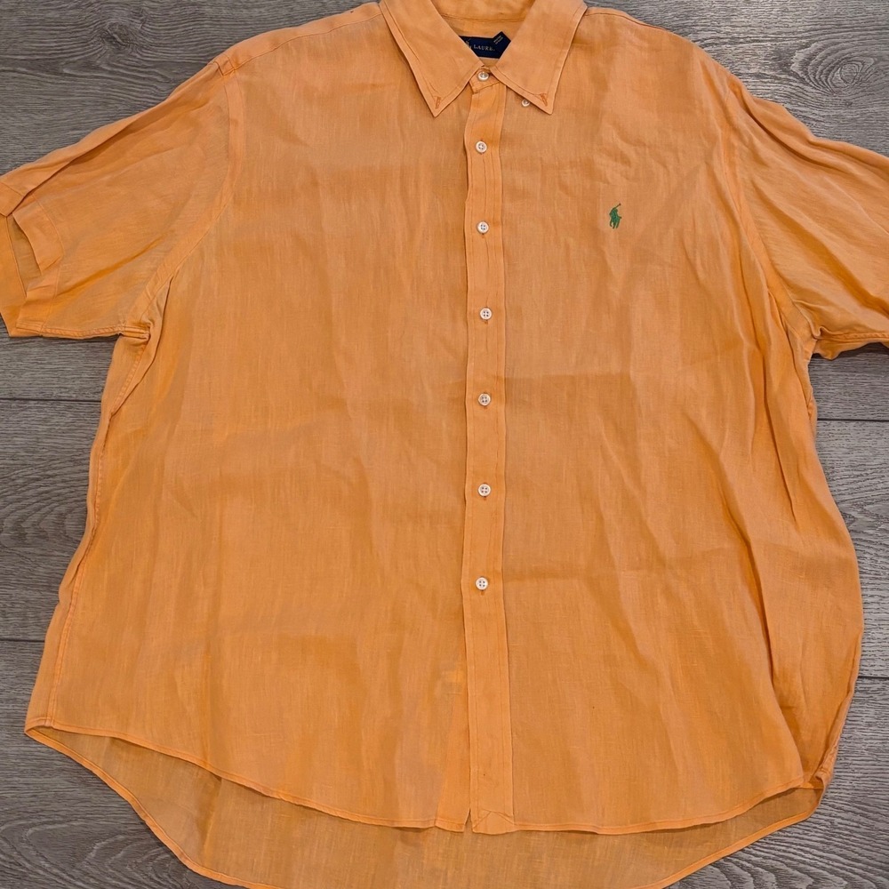 Ralph Lauren Button Down Shirt Mens XXL Orange 100% Linen Short Sleeve Pony Logo - Picture 2 of 10